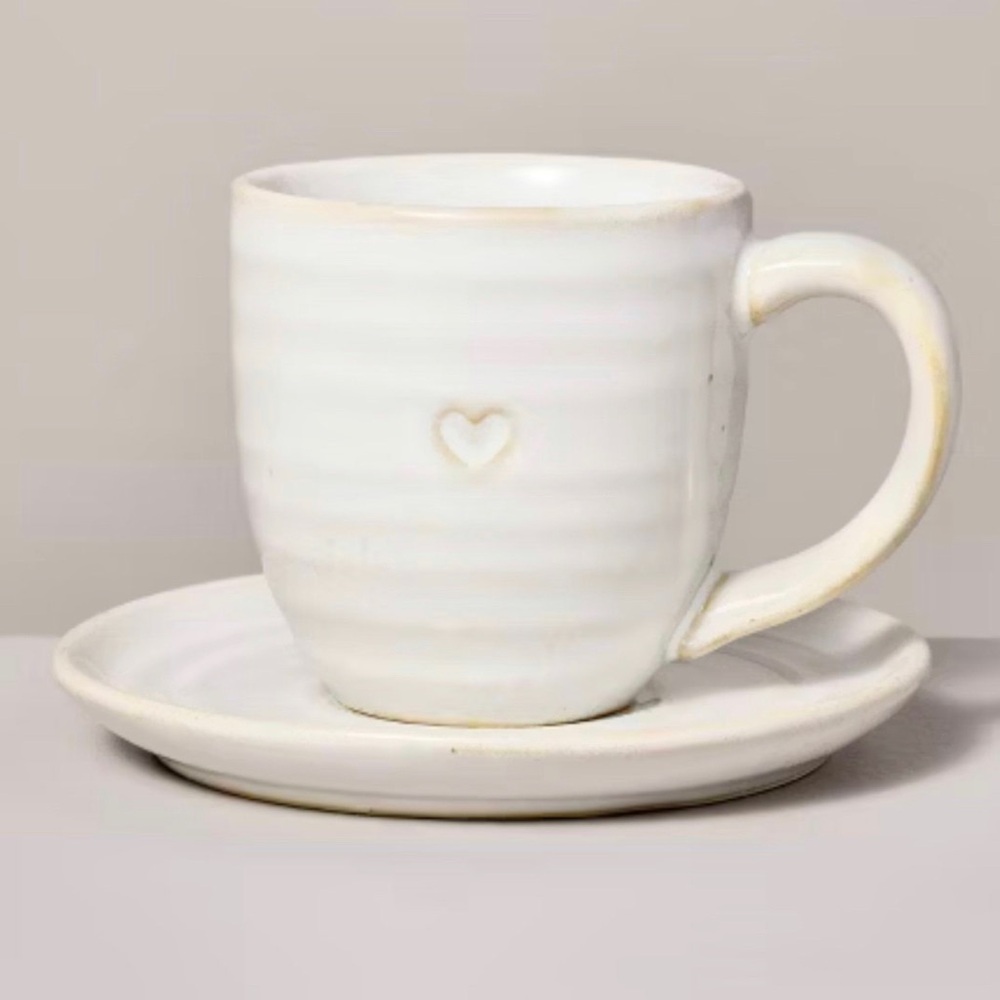 Hearth & Hand 4oz Heart Imprint Stoneware Espresso Cup and Saucer Set Cream